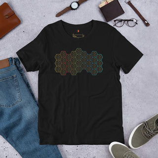 Sacred Geometry Unisex Tee Black Front Lifestyle Image with jeans, sneaker, glasses, wallet