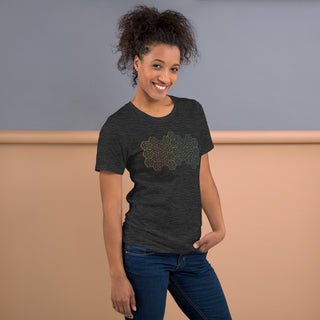 RUBY8WEAVER®-HexaGlow-Sacred-Geometry-Unisex-Tee-Dark-Grey-Heather-Front-on-female-model