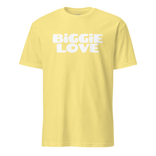 The Happy Channel® BiGGiE LOVE unisex t-shirt in cornsilk yellow with white text design