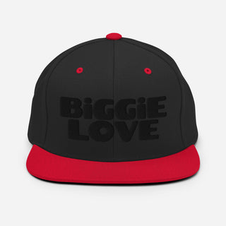 BIGGIE LOVE Snapback Hat in Black and Red colorway, flat front view