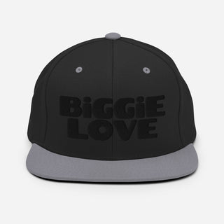 BIGGIE LOVE Snapback Hat in Black and Silver colorway, flat front view