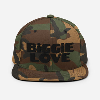 BIGGIE LOVE Snapback Hat in Green Camo colorway, flat front view