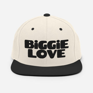 BIGGIE LOVE Snapback Hat in Natural and Black colorway, flat front view