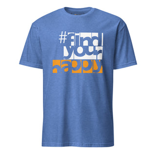 The Happy Channel® #FindYourHappy Unisex T-Shirt in Heather Royal, featuring bold white and orange text design.