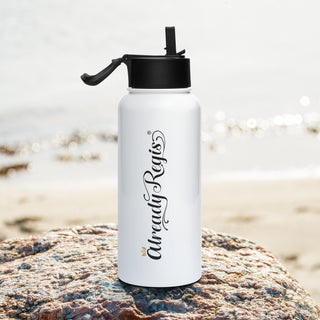 Already Regis® 32 oz stainless steel water bottle featuring logo, beach background