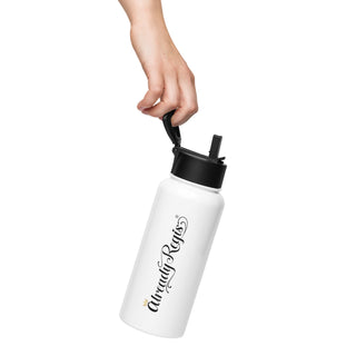 Hand carrying the Already Regis® Crown Water Bottle showing the signature script design
