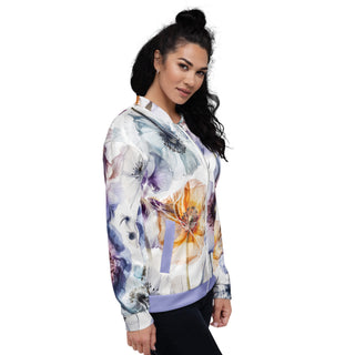 Closer view of the Already Regis® Luminous Petals Bomber Jacket showing the watercolor floral design