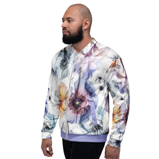 Man wearing the Already Regis® Luminous Petals Unisex Bomber Jacket with watercolor floral print