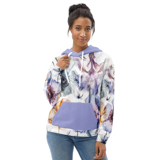 Woman wearing the Already Regis® Luminous Petals Unisex Hoodie with watercolor floral print and lavender details