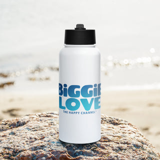Biggie Love 32 oz stainless steel water bottle by The Happy Channel on a beach rock with ocean background