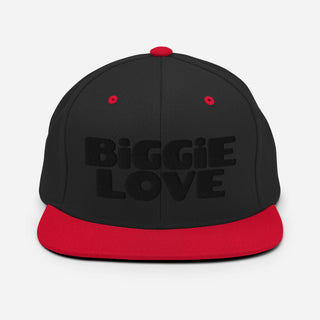 Black and Red BiGGiE LOVE snapback hat with black embroidery