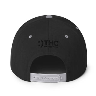Back of Black and Silver BiGGiE LOVE snapback with The Happy Channel® embroidery