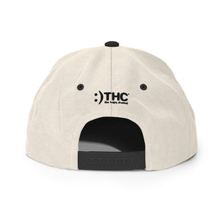 Back of Natural and Black BiGGiE LOVE snapback hat with The Happy Channel® embroidery