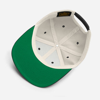 Underside of Natural and Black BiGGiE LOVE snapback with green undervisor