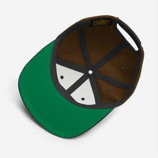 Inside and green underbrim of BIGGIE LOVE Snapback Hat showing high-quality structured build
