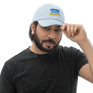Man wearing The Happy Channel® #FindYourHappy embroidered pastel blue hat