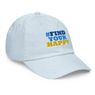 Angled view of #FindYourHappy embroidered pastel blue baseball hat