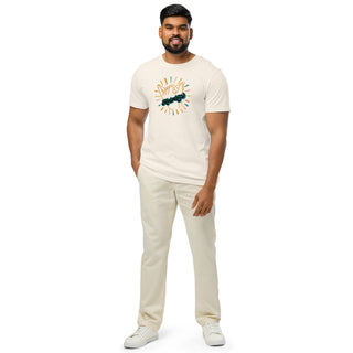 Full-body view of male model wearing the Mahaloste® Unisex Organic T-Shirt in Vintage White
