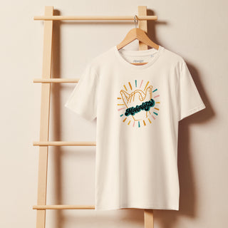 Mahaloste® Unisex Organic T-Shirt in Vintage White displayed on a hanger