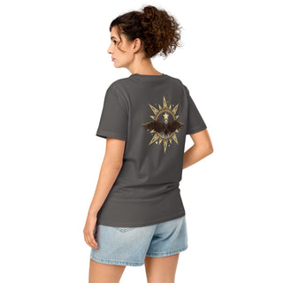 The Happy Channel® Eagle Sun Star Unisex T-Shirt in Anthracite, back design worn by model