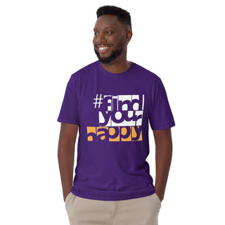 Man wearing The Happy Channel® #FindYourHappy purple unisex T-shirt