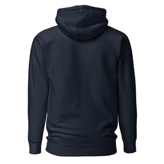 The Happy Channel® Smile Unisex Premium Hoodie in navy with gold embroidered Smile on front and plain back
