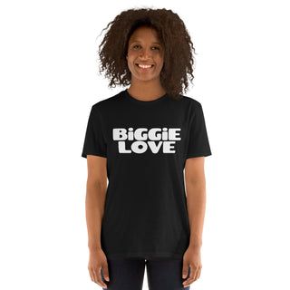 The Happy Channel® BiGGiE LOVE unisex t-shirt in black with white text design on female model