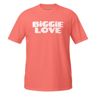 The Happy Channel® BiGGiE LOVE unisex t-shirt in Coral Silk with white text design