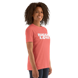 The Happy Channel® BiGGiE LOVE unisex t-shirt in coral silk with white text design on female model