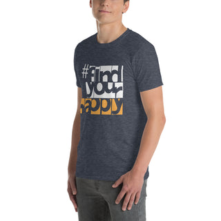 The Happy Channel® #FindYourHappy Unisex T-Shirt in Heather Navy, featuring bold white and orange text design, on male model.