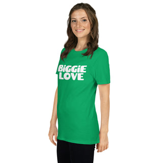 The Happy Channel® BiGGiE LOVE unisex t-shirt in irish green with white text design on female model