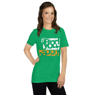 The Happy Channel® #FindYourHappy Unisex T-Shirt in Irish Green, featuring bold white and orange text design, on female model.