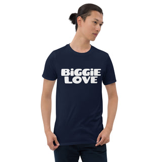 The Happy Channel® BiGGiE LOVE unisex t-shirt in navy with white text design on male model