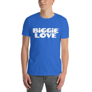 The Happy Channel® BiGGiE LOVE unisex t-shirt in royal with white text design on male model