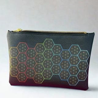 Geometric patterned pouch with a zipper on a white background