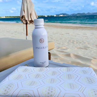 Leather clutch bag with geometric pattern on a beach with ocean and umbrella in the background
