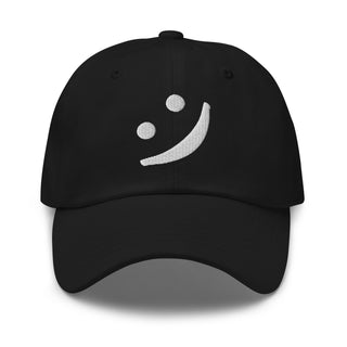 The Happy Channel® black dad hat featuring white embroidered smile logo