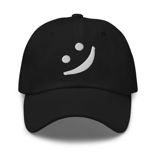 The Happy Channel® black dad hat featuring white embroidered smile logo