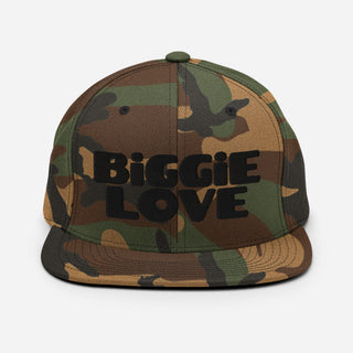 Green Camo BiGGiE LOVE snapback hat with black embroidery