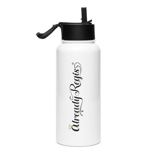 White Already Regis® Crown Water Bottle showing the Already Regis® signature