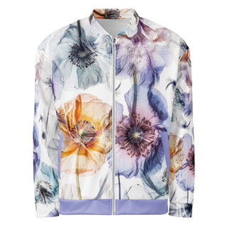 Front view of the Already Regis® Luminous Petals Bomber Jacket with all-over watercolor floral design
