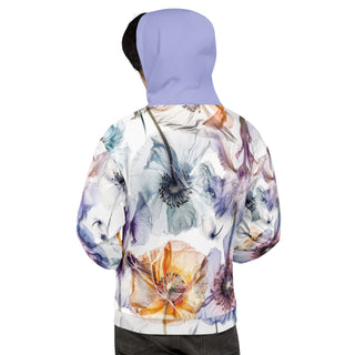 Back view of the Already Regis® Luminous Petals Unisex Hoodie showing the all-over watercolor floral design