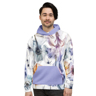 Front view of the Already Regis® Luminous Petals Unisex Hoodie with all-over floral print and lavender pocket and hood