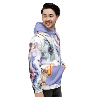 Man wearing the Already Regis® Luminous Petals Unisex Hoodie with watercolor floral print and lavender details
