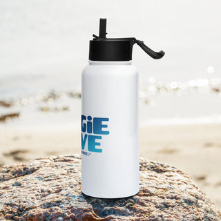 Biggie Love 32 oz water bottle on beach with ocean background