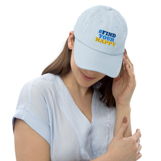 Woman wearing The Happy Channel® #FindYourHappy embroidered pastel blue hat