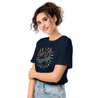 Female model wearing the Mahaloste® Unisex Organic T-Shirt in French Navy