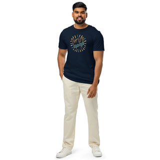 Full-body view of male model wearing the Mahaloste® Unisex Organic T-Shirt in French Navy