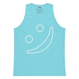 Pacific Blue men’s tank top featuring The Happy Channel® Signature Smile graphic printed large and centered on the front.