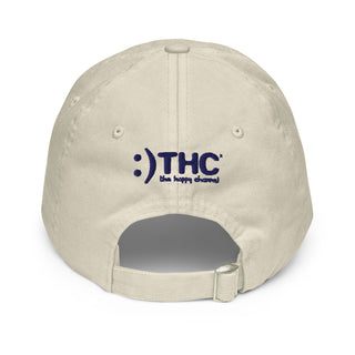 Back of beige hat embroidered with The Happy Channel® logo
